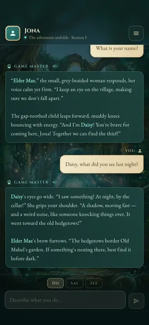 The adventure chat: the game master answers Jona in narration, with the player’s replies on parchment.