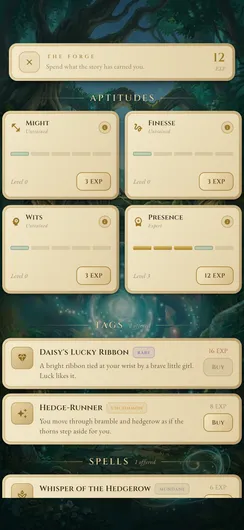 The Forge: aptitude cards, offered tags and spells, bought with the experience the story earned.