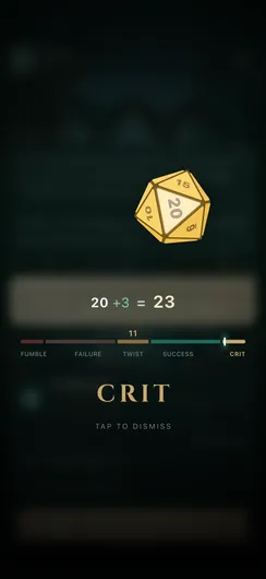 The roll: a d20 lands on 20, and the outcome meter marks a crit past the revealed difficulty.